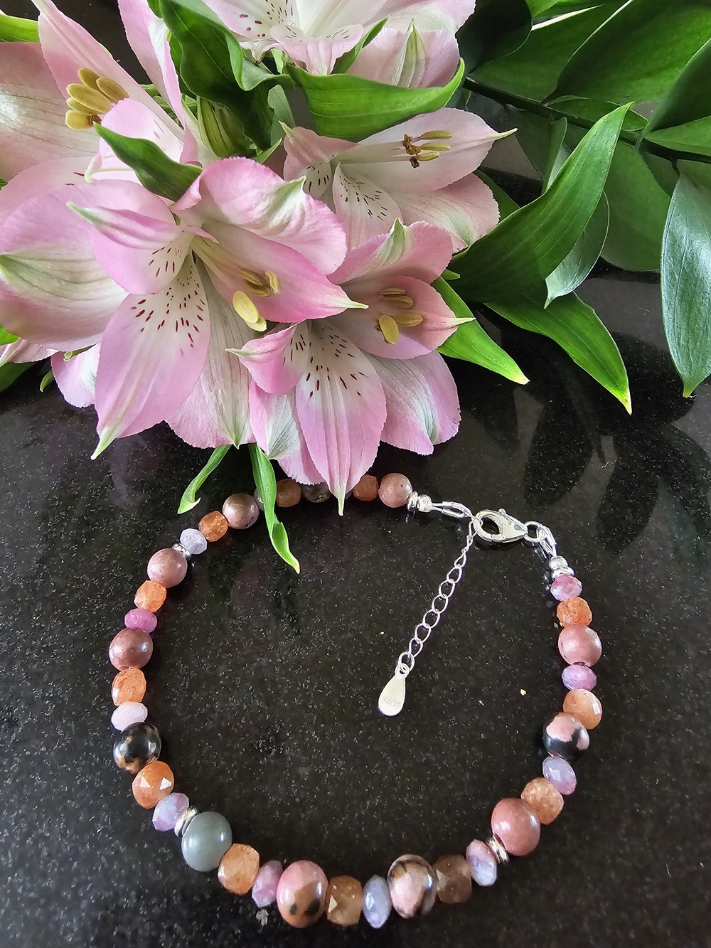 Ho'onani Bracelet: 5mm Pink Tourmaline, 6mm Rhodonite, 4.5mm Sunstone